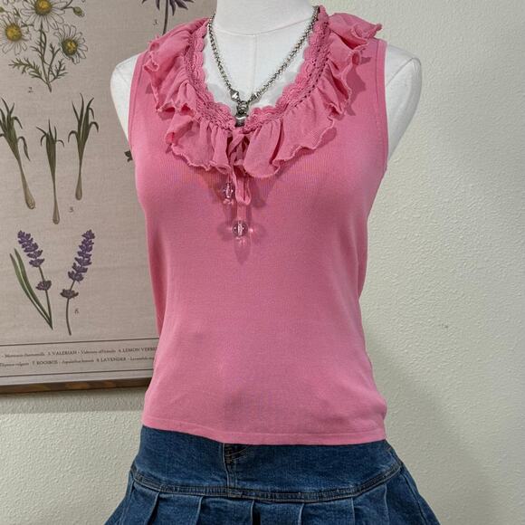 American Vintage Tops - Vintage 90s Y2k Pink Ruffle Crochet Trim Top Coquette Dollette Dolly Cutecore S